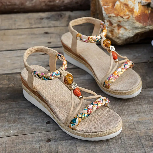 Momount Sandálias de Cunha Alpargata Mulher – Boho Trançadas com Missangas e Strass