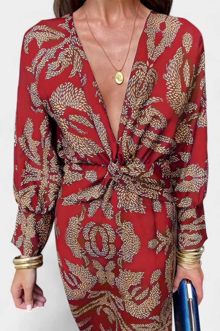 Momount Vestido Midi Justo Mulher – Manga Comprida Torcido Elegante