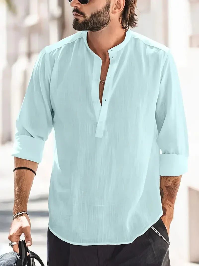 Momount Camisa Henley em Linho de Homem – Manga Comprida com Gola em Pé de Verão