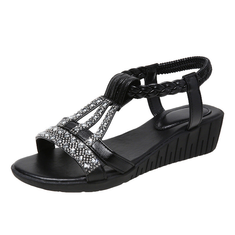 Momount Sandálias de Cunha Mulher – Boho com Strass Trançadas Tira em T de Verão