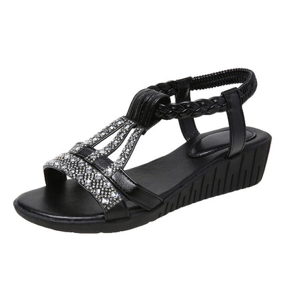 Momount Sandálias de Cunha Mulher – Boho com Strass Trançadas Tira em T de Verão