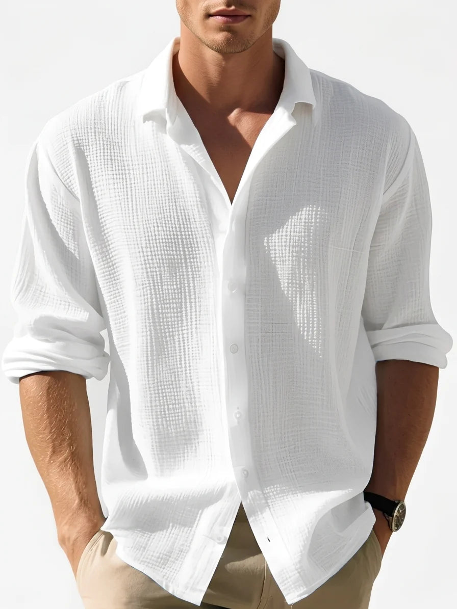 Momount Men Waffle Linen Shirt – Long Sleeve Button Up Textured Casual - White - closeup