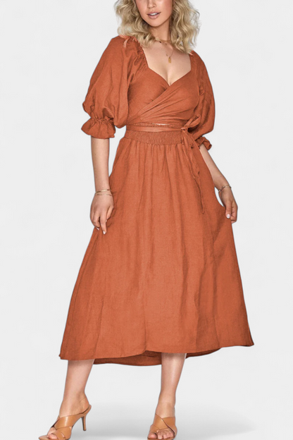 Momount Vestido Midi de Verão Mulher – Trapézio com Recortes Mangas Bufantes Fluido para a Praia