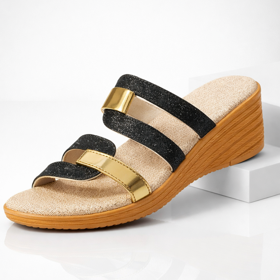 Momount Sandálias Slide Mulher – Glitter Metálico Tira Dupla Cunha Baixa