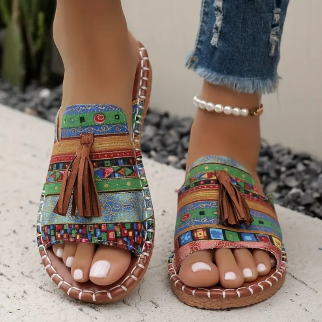 Momount Sandálias Rasas de Mulher Conforto Slip-On Casual de Verão Apoio Almofadado Leve Bico Aberto Boho com Borlas