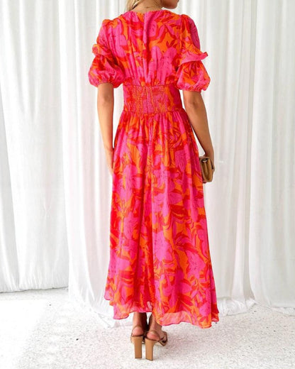 Vera Vestido Maxi com Mangas Bufantes | Estampado, Decote em V, Esvoaçante