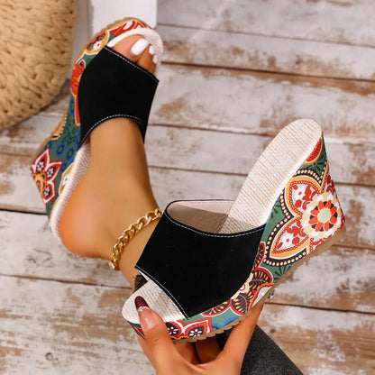 Momount Sandálias de Cunha Mulher – Camurça Estampada Floral Plataforma Slide Boho