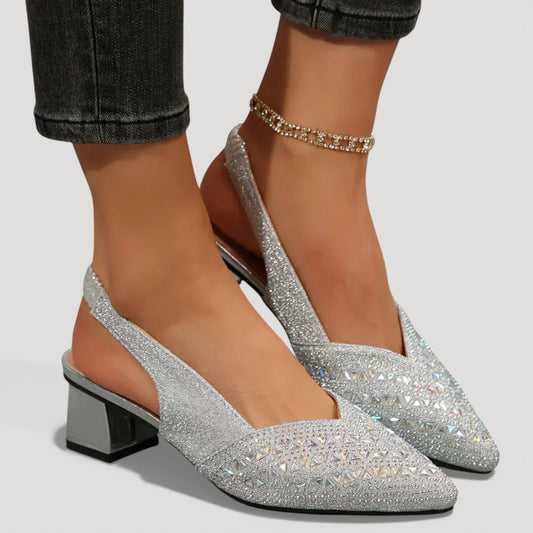 Momount Sapatos Salto Slingback Mulher – Strass Bico Fino Tacão Largo Baixo Decote em V