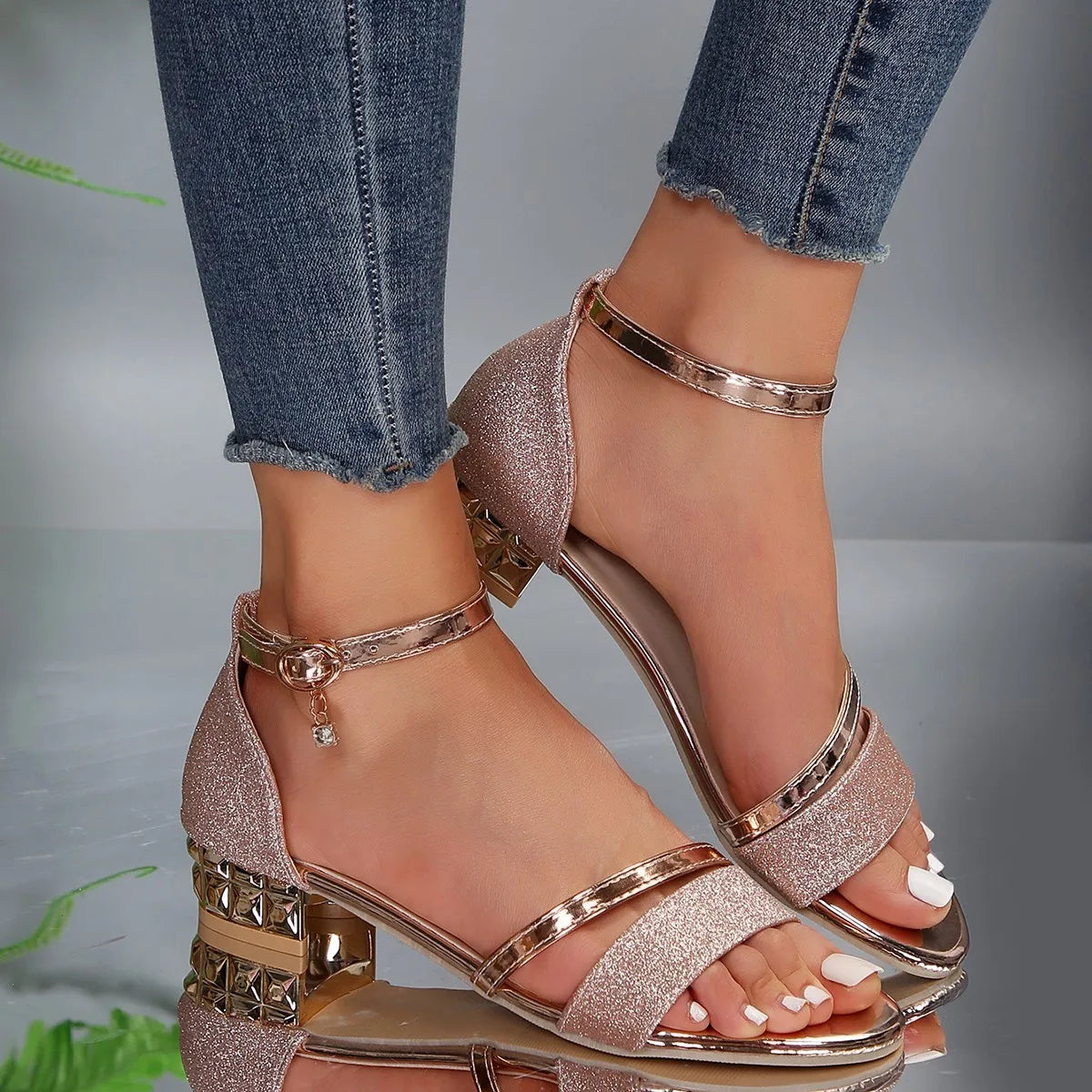 Momount Mulher Sandálias com Tiras – Salto Largo com Glitter Embelezado Bico Aberto Tornozelo