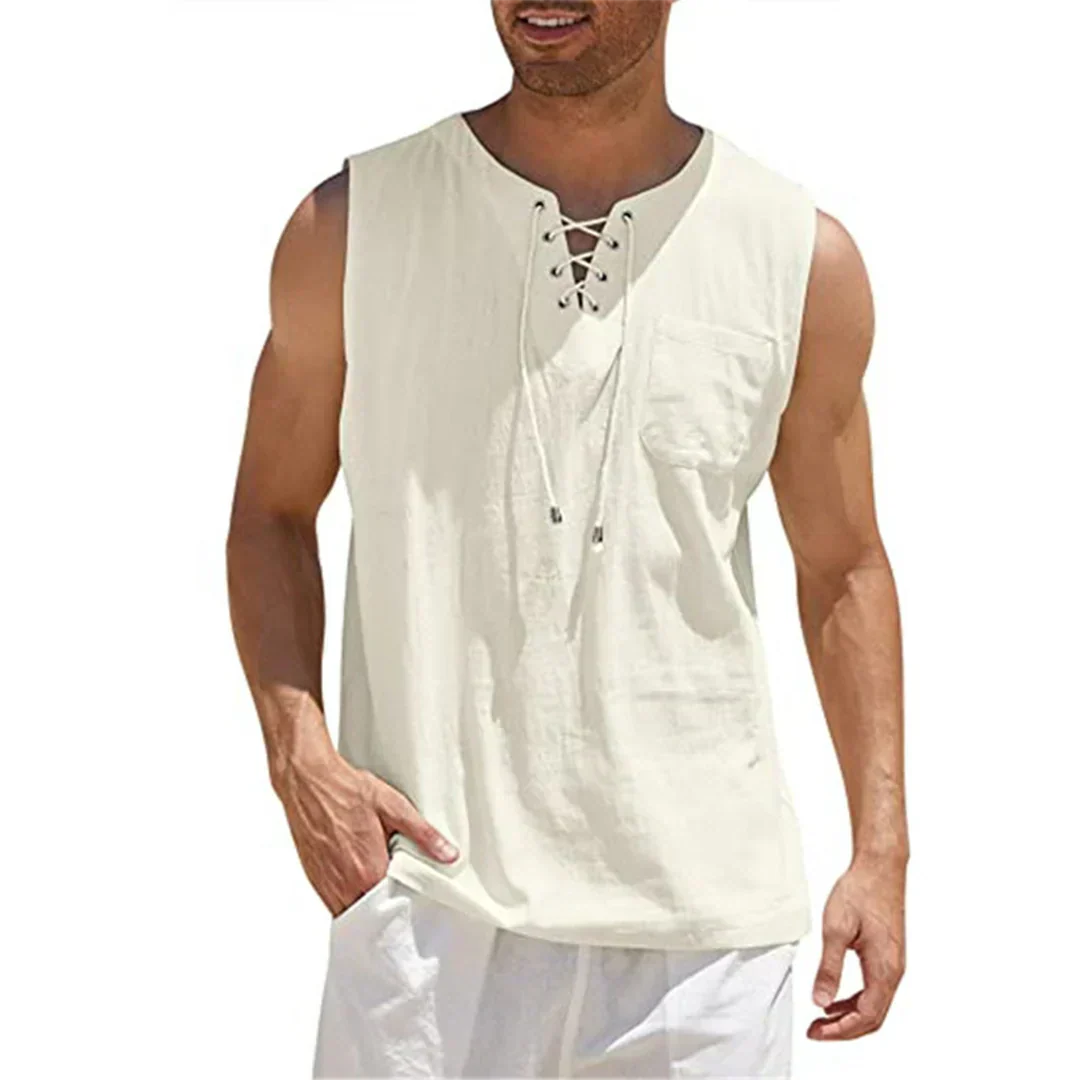 Momount Camisola sem Mangas em Linho de Homem – com Atacadores Decote em V Sem Mangas Casual de Praia