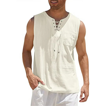 Momount Camisola sem Mangas em Linho de Homem – com Atacadores Decote em V Sem Mangas Casual de Praia