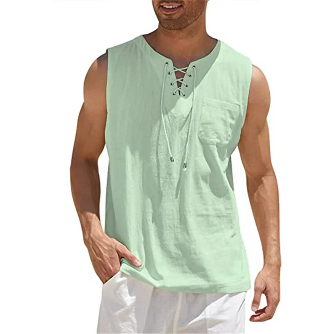 Momount Camisola sem Mangas em Linho de Homem – com Atacadores Decote em V Sem Mangas Casual de Praia