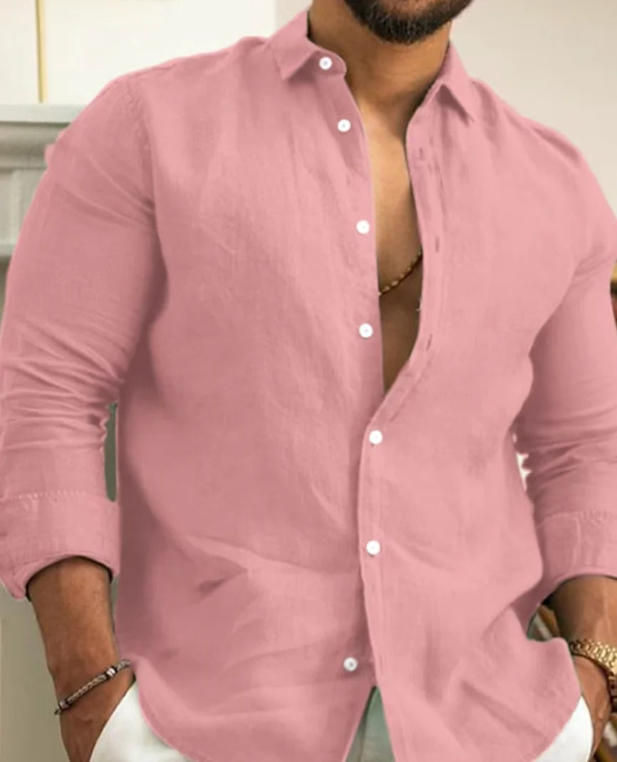 Momount Camisa de Linho de Homem – Manga Comprida com Gola Banda e Botões Clássica