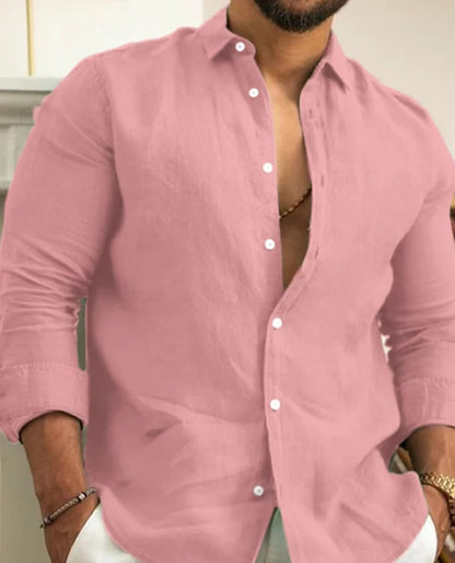 Momount Camisa de Linho de Homem – Manga Comprida com Gola Banda e Botões Clássica