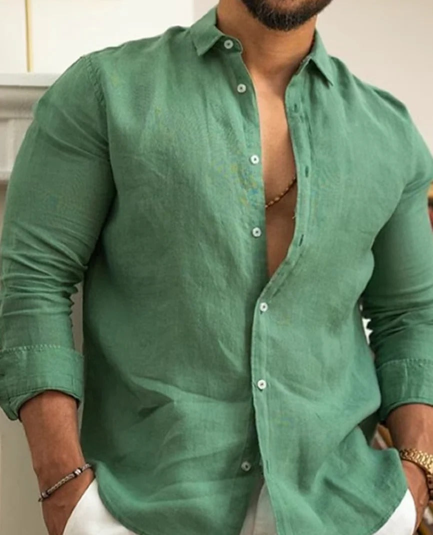 Momount Camisa de Linho de Homem – Manga Comprida com Gola Banda e Botões Clássica