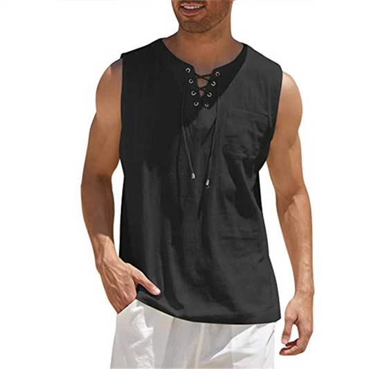 Momount Camisola sem Mangas em Linho de Homem – com Atacadores Decote em V Sem Mangas Casual de Praia