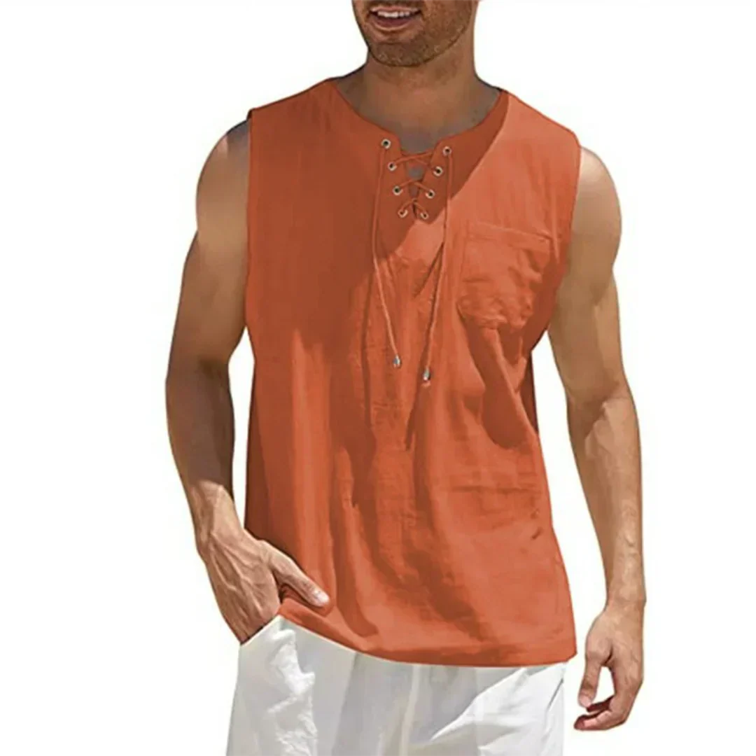 Momount Camisola sem Mangas em Linho de Homem – com Atacadores Decote em V Sem Mangas Casual de Praia