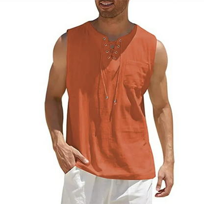 Momount Camisola sem Mangas em Linho de Homem – com Atacadores Decote em V Sem Mangas Casual de Praia