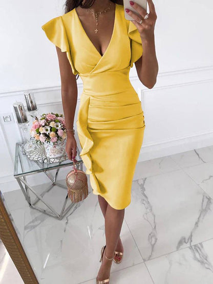Octavia | Vestido Midi Justo Elegante com Folhos Decote em V de Verão