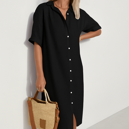 Momount Vestido Camiseiro em Linho de Mulher – Manga Curta com Botões Midi Descontraído