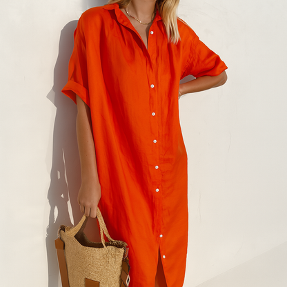Momount Vestido Camiseiro em Linho de Mulher – Manga Curta com Botões Midi Descontraído