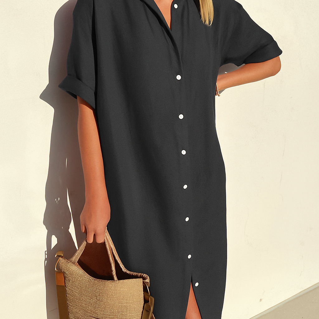 Momount Vestido Camiseiro em Linho de Mulher – Manga Curta com Botões Midi Descontraído