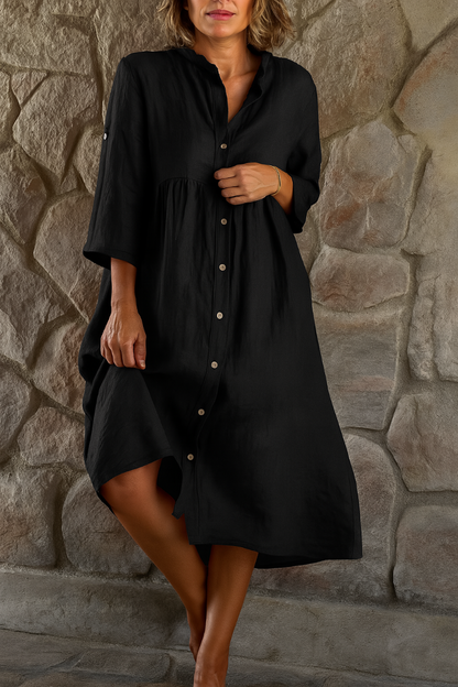 Momount Vestido Camiseiro em Algodão e Linho de Mulher – Decote em V Manga 3/4 Descontraído