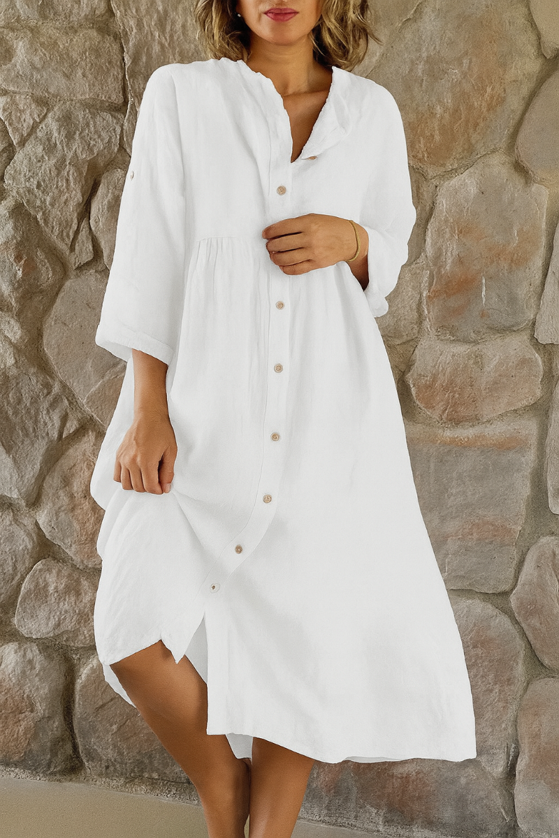 Momount Vestido Camiseiro em Algodão e Linho de Mulher – Decote em V Manga 3/4 Descontraído