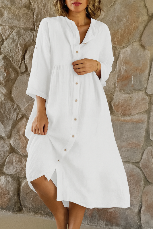 Momount Vestido Camiseiro em Algodão e Linho de Mulher – Decote em V Manga 3/4 Descontraído