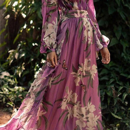 Marciana | Vestido Maxi Cruzado Boho em Chiffon Floral Decote em V de Verão