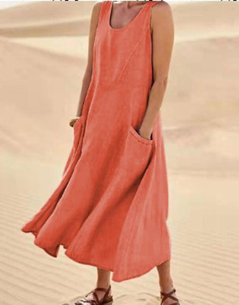 Melisande | Vestido Maxi em Linho Decote Redondo Largo