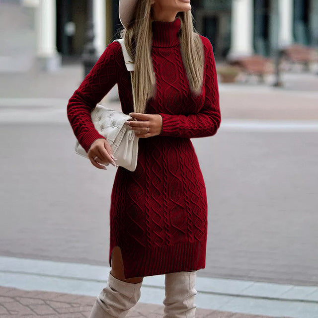 Thessalina | Vestido Midi de Gola Alta em Malha Cable Knit Aconchegante | Momount