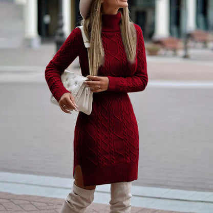 Thessalina | Vestido Midi de Gola Alta em Malha Cable Knit Aconchegante | Momount