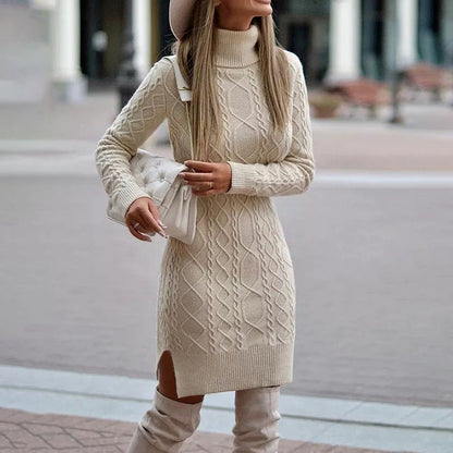 Thessalina | Vestido Midi de Gola Alta em Malha Cable Knit Aconchegante | Momount