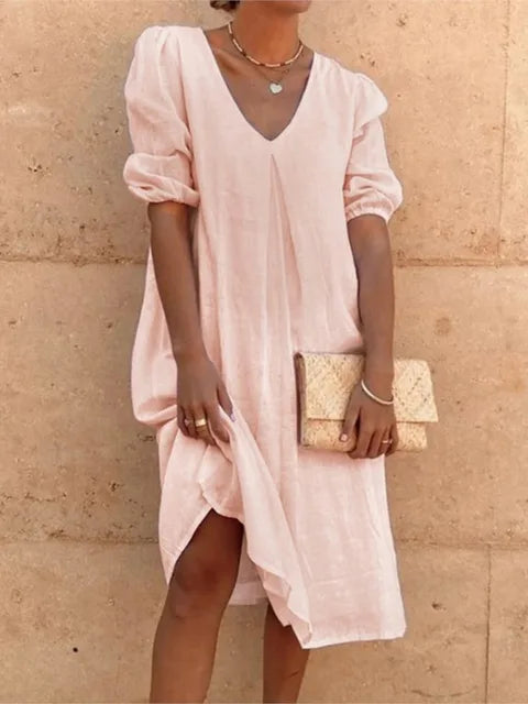 Casimira | Vestido Midi Boho em Algodão Decote em V com Folhos de Verão