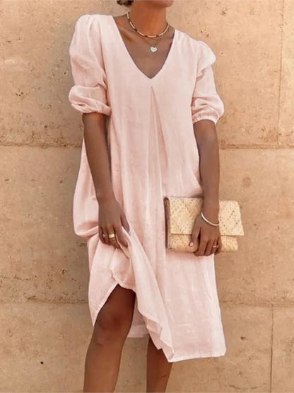 Casimira | Vestido Midi Boho em Algodão Decote em V com Folhos de Verão