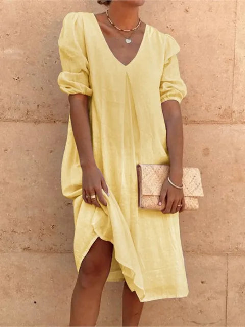 Casimira | Vestido Midi Boho em Algodão Decote em V com Folhos de Verão