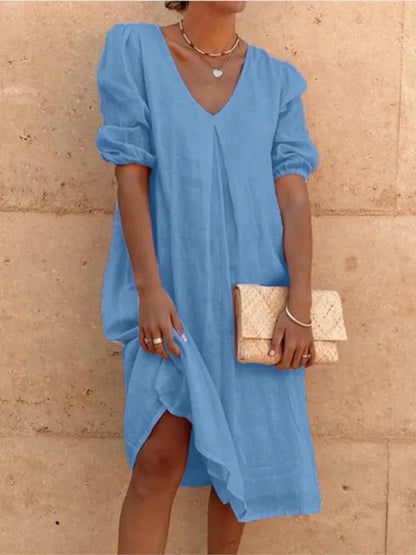 Casimira | Vestido Midi Boho em Algodão Decote em V com Folhos de Verão