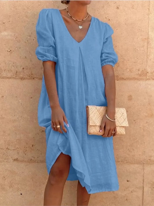 Casimira | Vestido Midi Boho em Algodão Decote em V com Folhos de Verão