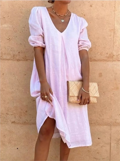 Casimira | Vestido Midi Boho em Algodão Decote em V com Folhos de Verão