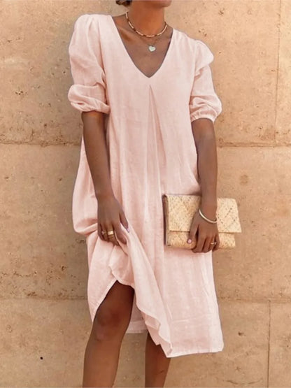 Casimira | Vestido Midi Boho em Algodão Decote em V com Folhos de Verão