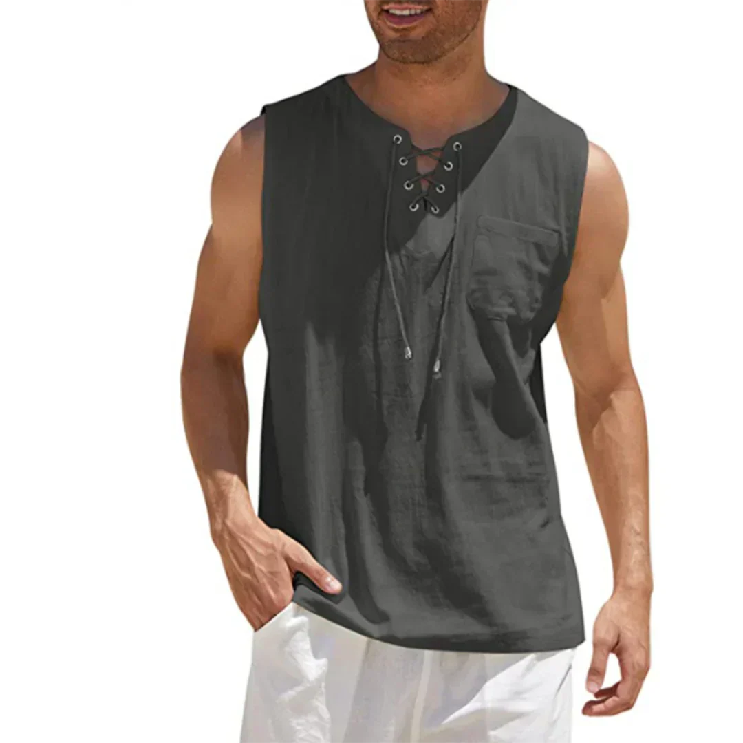 Momount Camisola sem Mangas em Linho de Homem – com Atacadores Decote em V Sem Mangas Casual de Praia