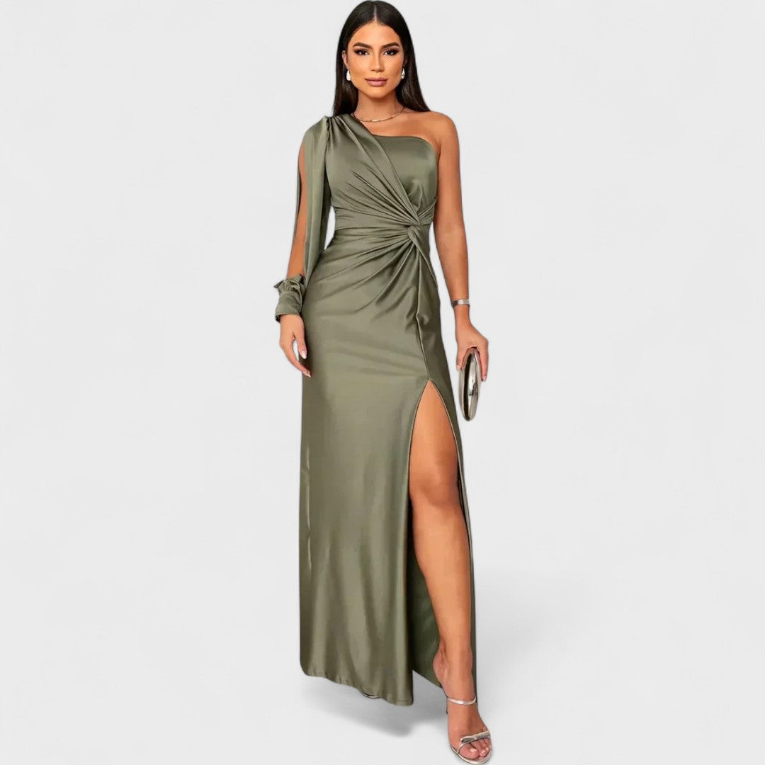Momount Vestido de Festa Mulher – Maxi Elegante com Um Ombro e Racha Alta