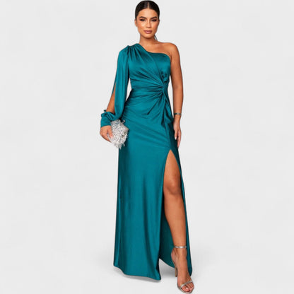 Momount Vestido de Festa Mulher – Maxi Elegante com Um Ombro e Racha Alta