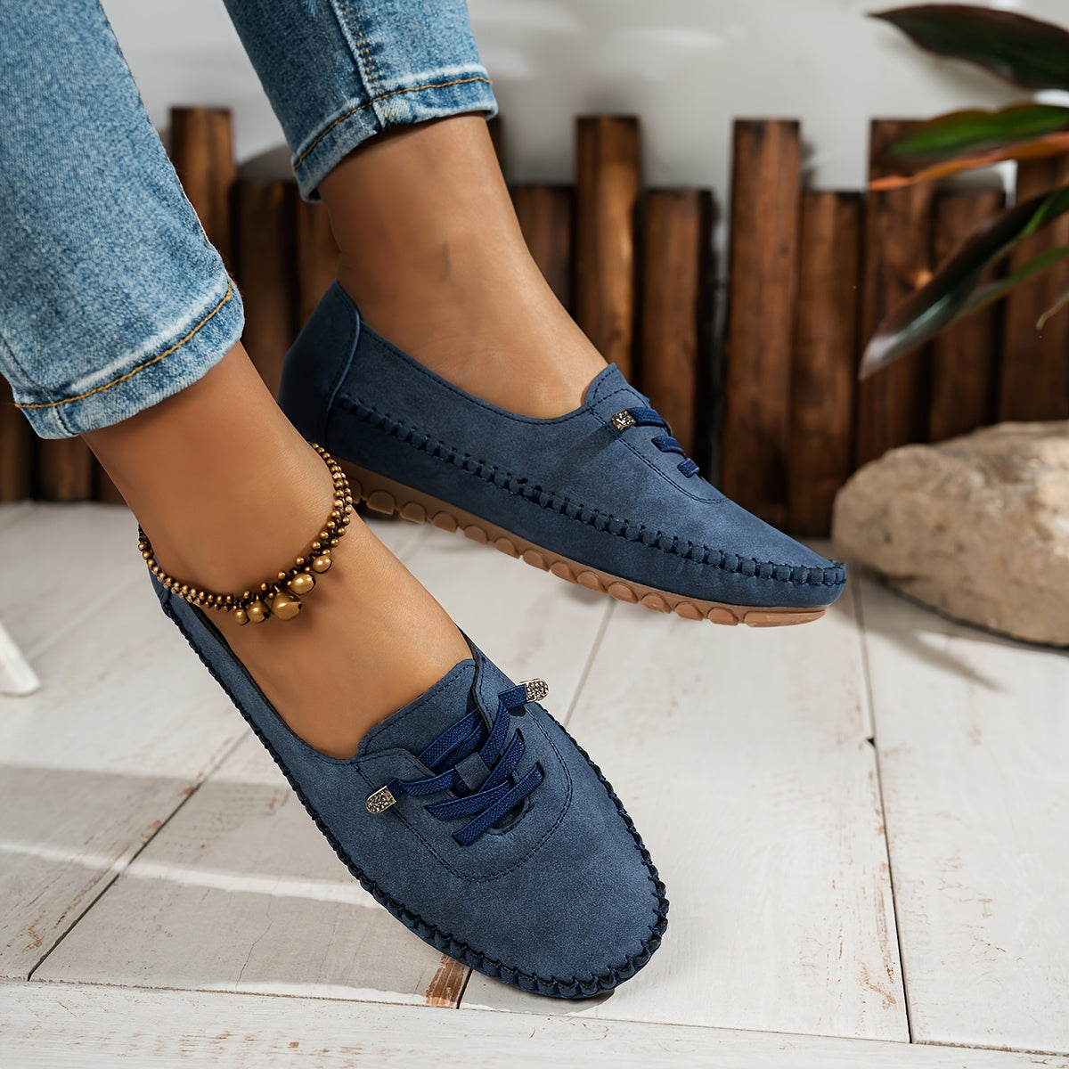 Momount Mulher Mocassins em Camurça – Costurados à Mão Sem Atacadores Conforto Elástico