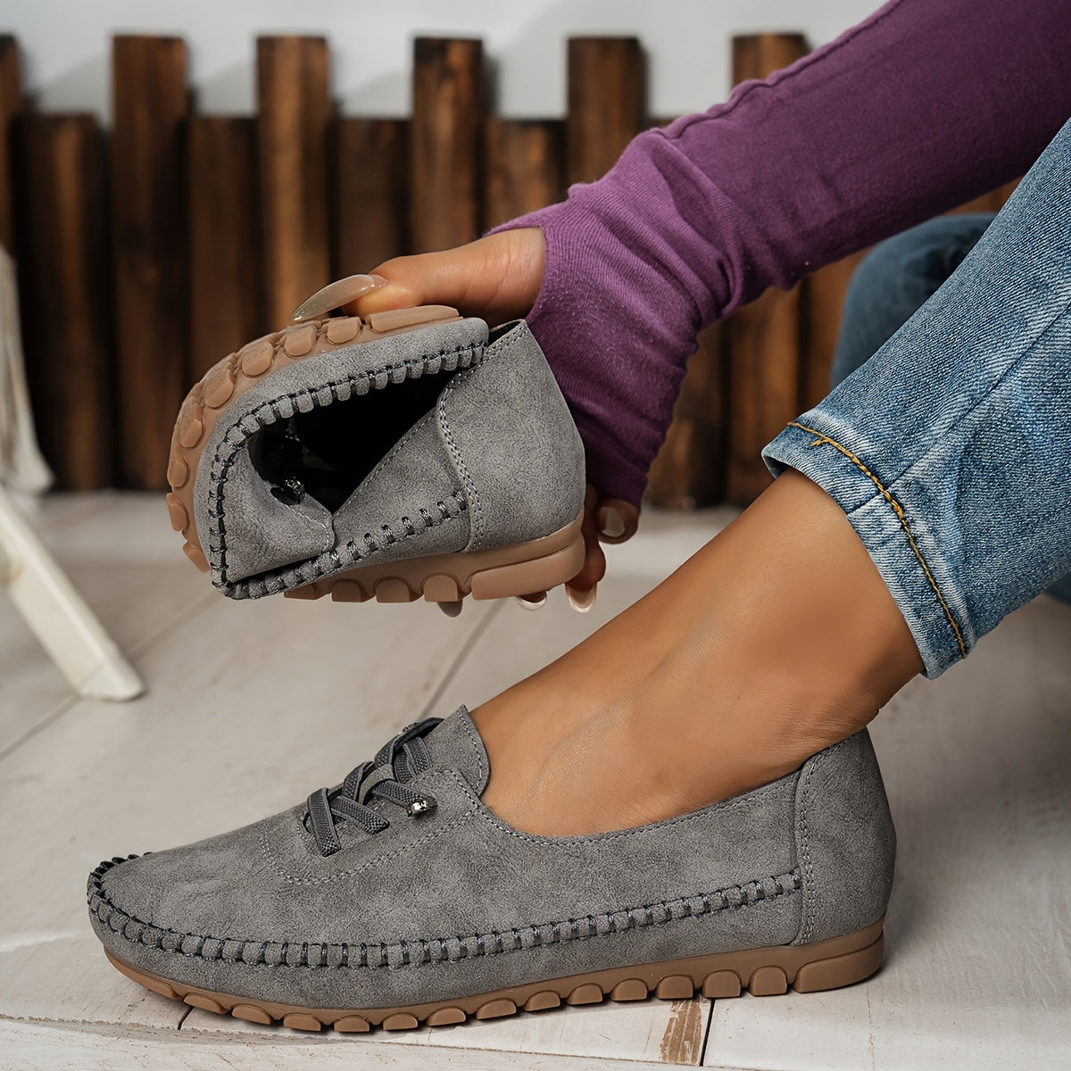 Momount Mulher Mocassins em Camurça – Costurados à Mão Sem Atacadores Conforto Elástico