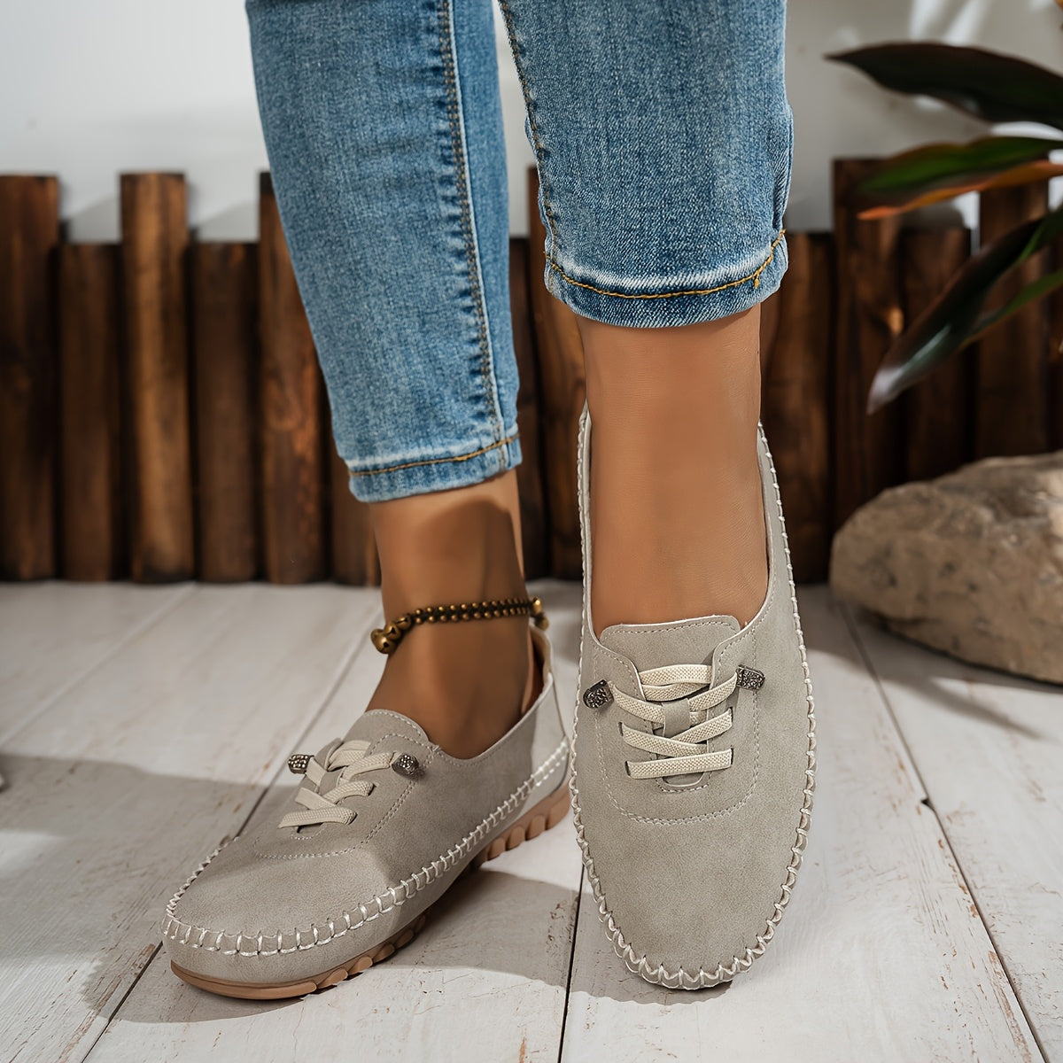 Momount Mulher Mocassins em Camurça – Costurados à Mão Sem Atacadores Conforto Elástico