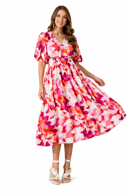 Brenta | Vestido Comprido Boho em Chiffon Floral Decote em V Manga Comprida Primavera