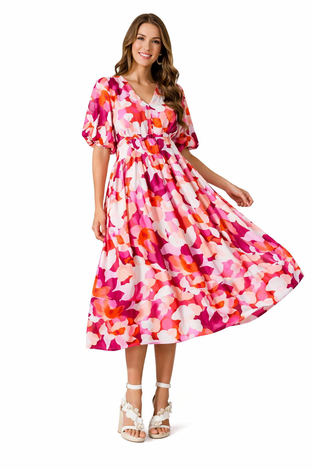 Brenta | Vestido Comprido Boho em Chiffon Floral Decote em V Manga Comprida Primavera