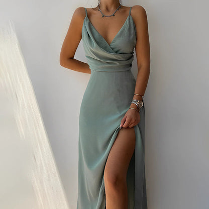 Evangelia | Vestido Maxi Cruzado em Cetim Elegante Decote em V de Verão
